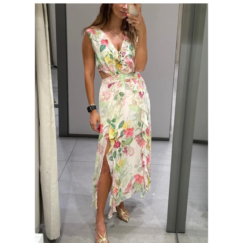 Zara Floral Cut-Out Midi Dress XL Cream Pink New Ruffle V-Neck Fairycore party - Picture 3 of 16